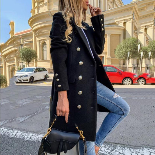 Women's woolen lapel jacket with double-breasted design, mid-length casual trench coat for fall and winter