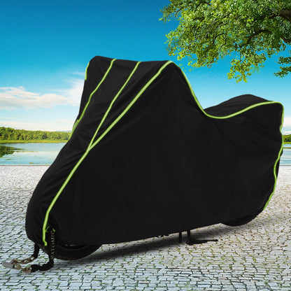 Thick motorcycle cover in durable protective fabric, shown folded for storage