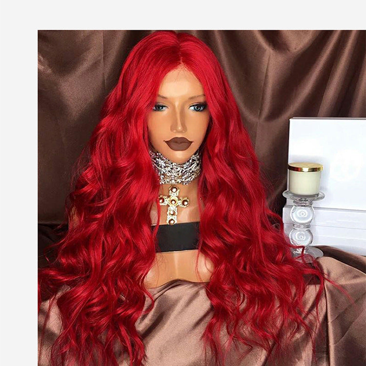 Long curly red female wig displayed against a plain background