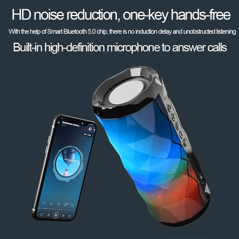 Portable Bluetooth outdoor speaker with card slot and subwoofer, compact black design