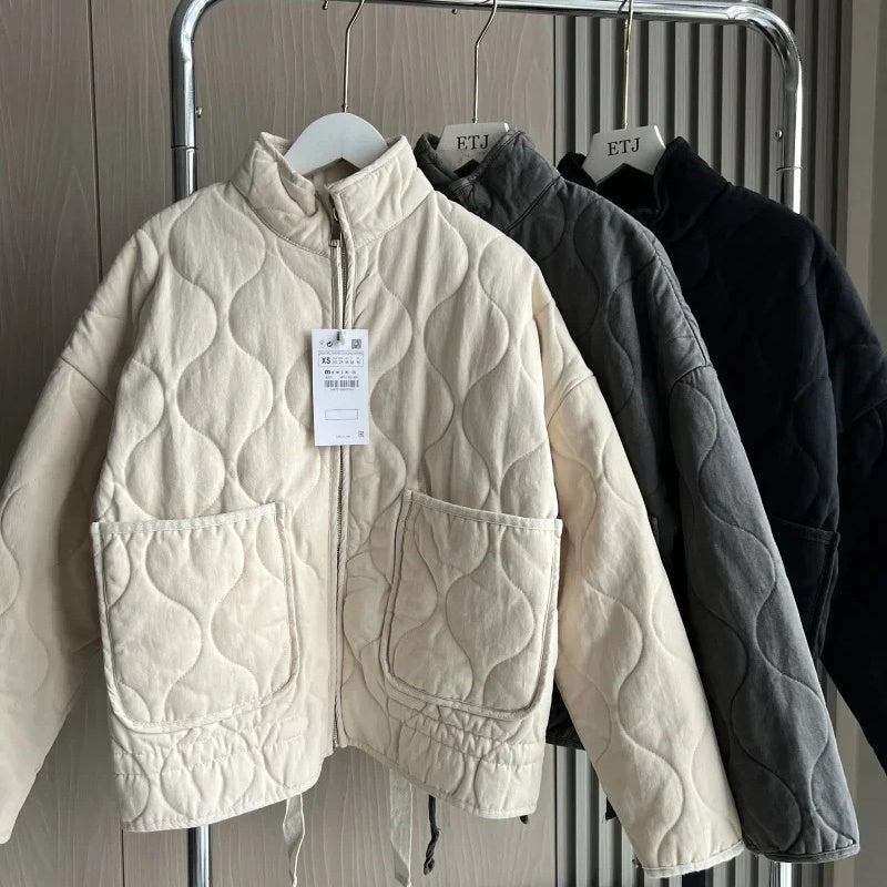 Women's diamond-quilted cotton jacket in a classic design, front view