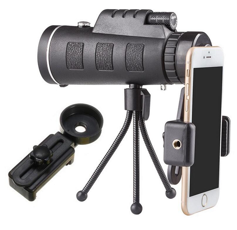 Apple-compatible monocular telescope zoom scope with compass, phone clip, and tripod