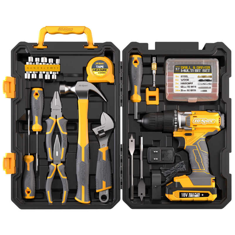 Home repair hardware tool combo set with assorted tools and accessories neatly arranged