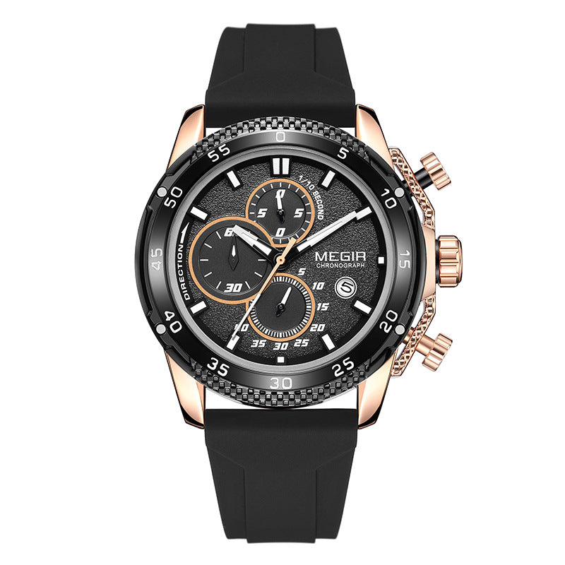 Multifunctional three-eye chronograph watch with black silicone strap by My Store