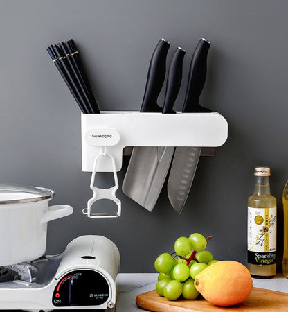 Kitchen knife rack for organizing knives, shown in a compact kitchen storage design