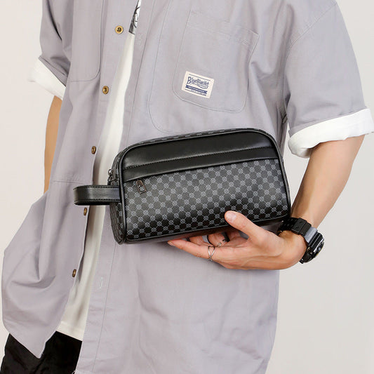 Men's vintage printed clutch handbag with a stylish patterned design and wrist strap