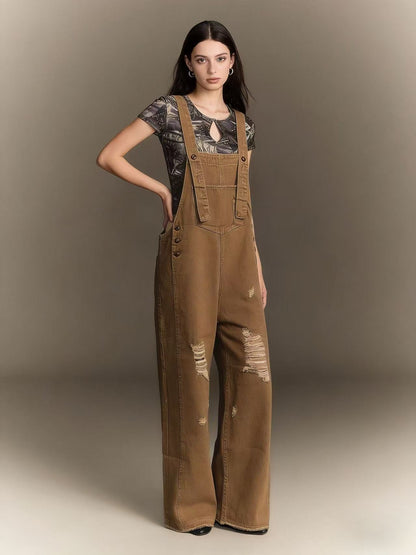 Women's retro loose-fit wide-leg denim overalls by My Store