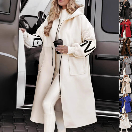 Women's hooded windbreaker long jacket with pockets, drawstring waist, solid color, and knit sleeves