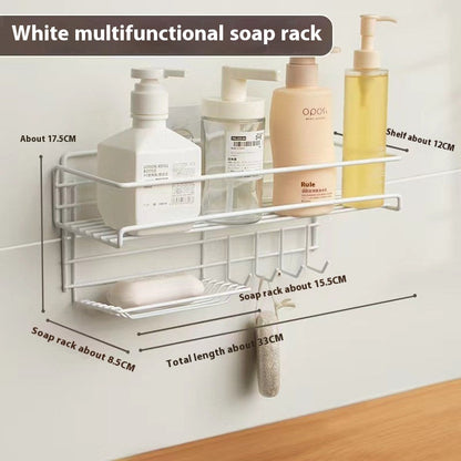 Punch-free bathroom storage rack for wall-mounted organization, featuring a compact design with multiple shelves