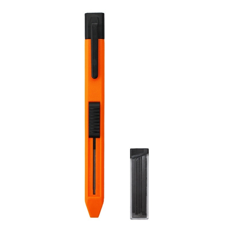 Plastic woodworking propelling pencil with thick lead for marking lines, shown in detail