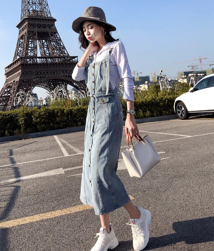 Button Strap Denim Dress, Denim Overall Dress