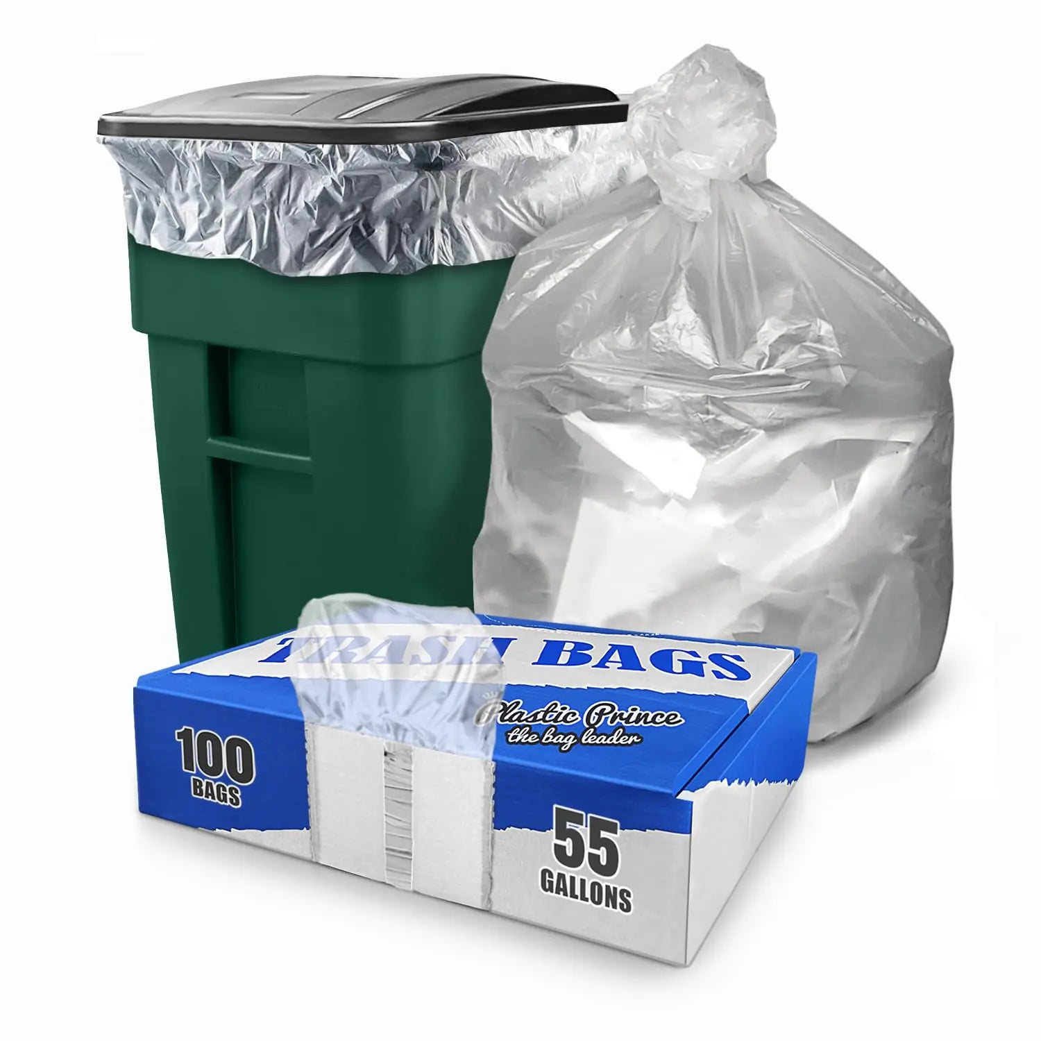 (100 Pack) 55-60 Gallon Trash Bags 2 Mil Heavy Duty Fits Rubbermaid Brute Rollout Round and Square 32-55 gal Trash Cans 43" x 47" Large Durable Garbage Trash Can Liners Bulk (2 Mil Clear)