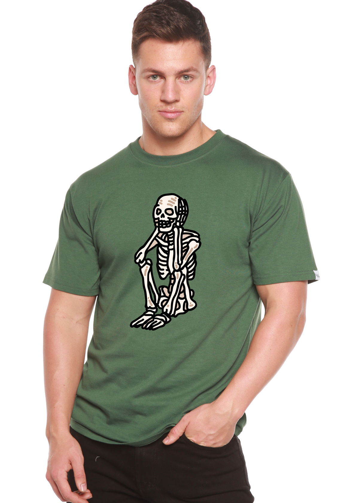 Men's Spun Bamboo Sad Skeleton Halloween graphic T-shirt in organic cotton and bamboo viscose with short sleeves.