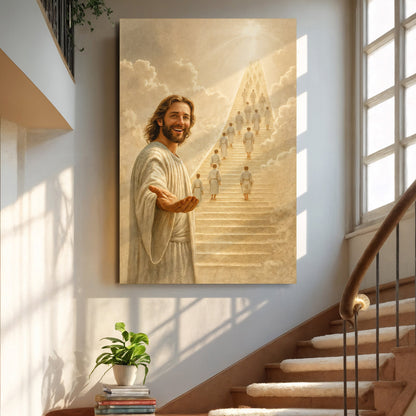 Canvas wall art featuring the "Stairway To Heaven" faith design by Tailored Canvases, with a serene sky and staircase imagery.