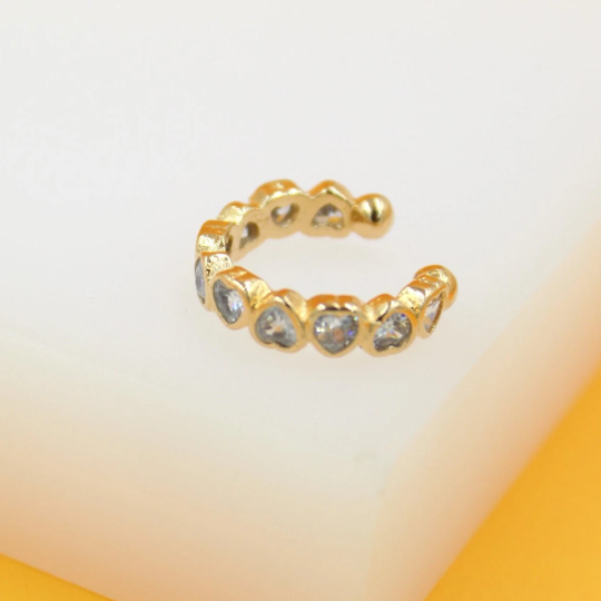 Gold filled CZ heart-shaped ear cuffs earrings by MIA Jewelry, featuring sparkling cubic zirconia and elegant heart design.