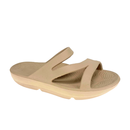Women's Sovella Active Recovery Sandals by Lucky Feet Shoes, beige PF slide with cushioned sole for comfortable recovery.