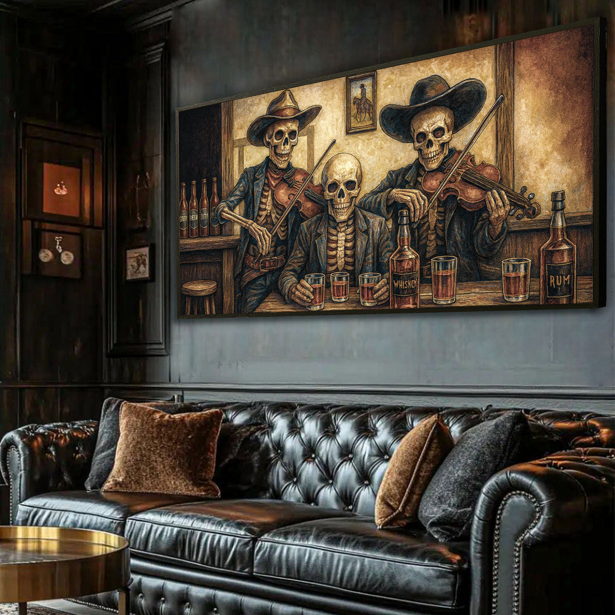 Western cowboy skeletons canvas wall art featuring skeleton figures in cowboy attire, ideal for rustic or Western decor.