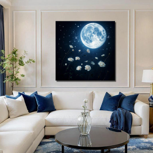 Lunar-themed canvas wall art by Tailored Canvases featuring a detailed moon illustration on a textured canvas surface.