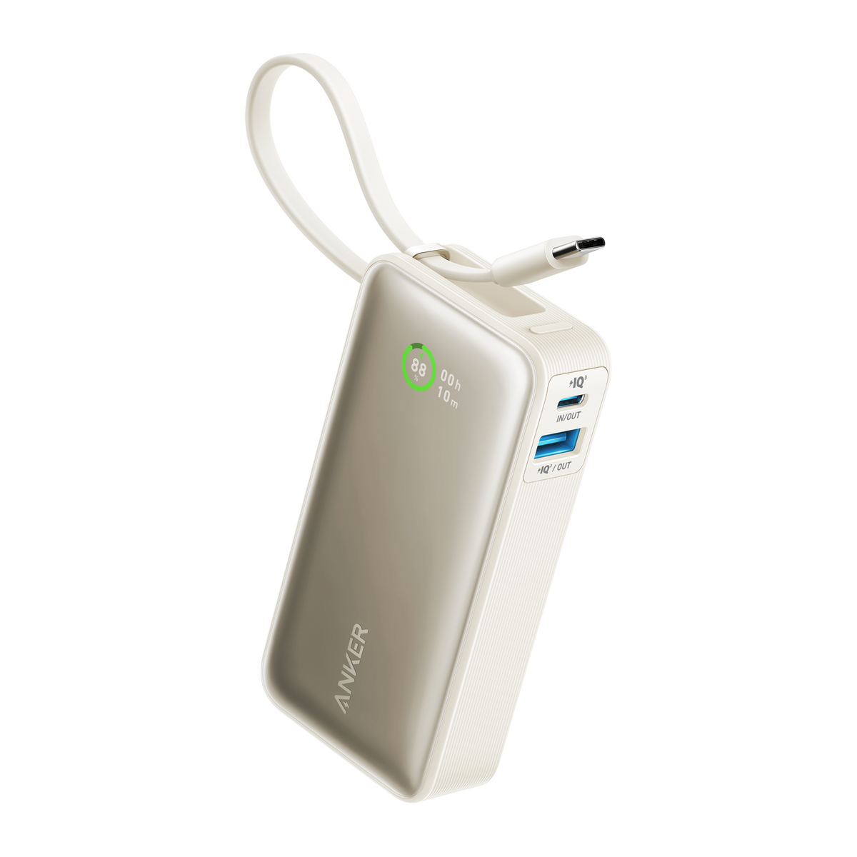 Anker Nano Power Bank with 30W charging and built-in USB-C cable, portable device for fast mobile charging.