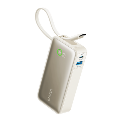 Anker Nano Power Bank with 30W charging and built-in USB-C cable, portable device for fast mobile charging.