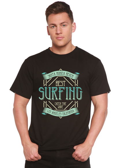 Men's printed T-shirt by Spun Bamboo featuring a surf-inspired graphic on bamboo viscose and organic cotton short sleeve fabric.