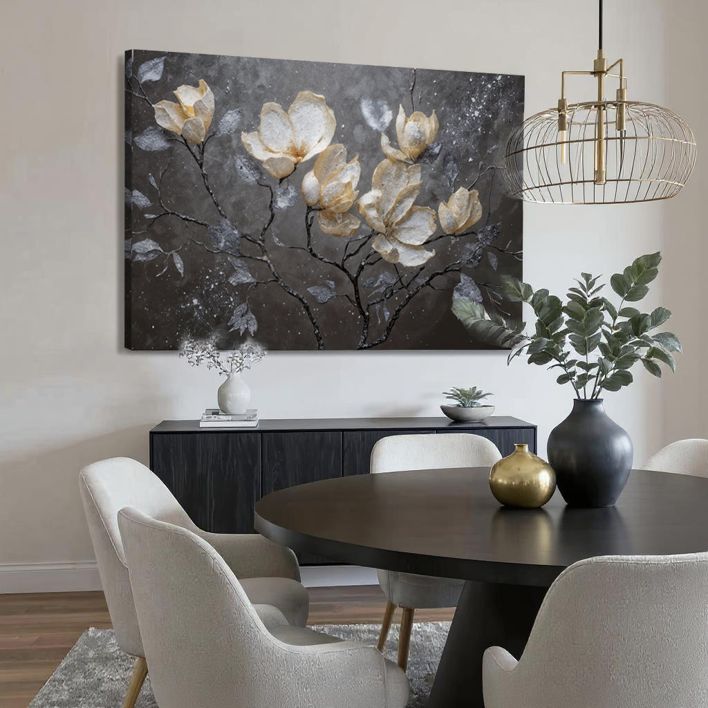 Canvas wall art featuring midnight magnolias by Tailored Canvases, showcasing detailed black and white floral design.