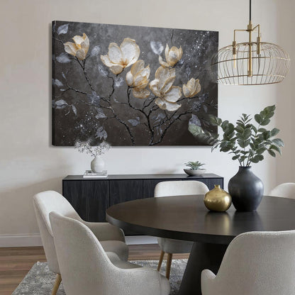 Canvas wall art featuring midnight magnolias by Tailored Canvases, showcasing detailed black and white floral design.