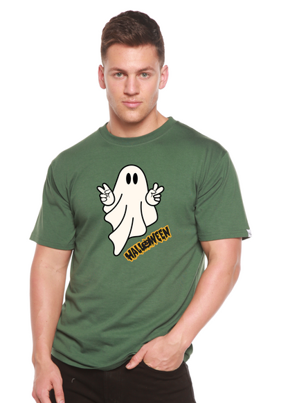 Unisex Halloween ghost graphic T-shirt by Spun Bamboo, short sleeve, bamboo viscose organic cotton fabric, with spooky ghost print.