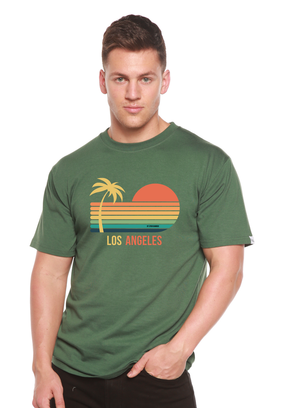 Spun Bamboo men's graphic T-shirt made from bamboo viscose and organic cotton, featuring a printed Los Angeles design.