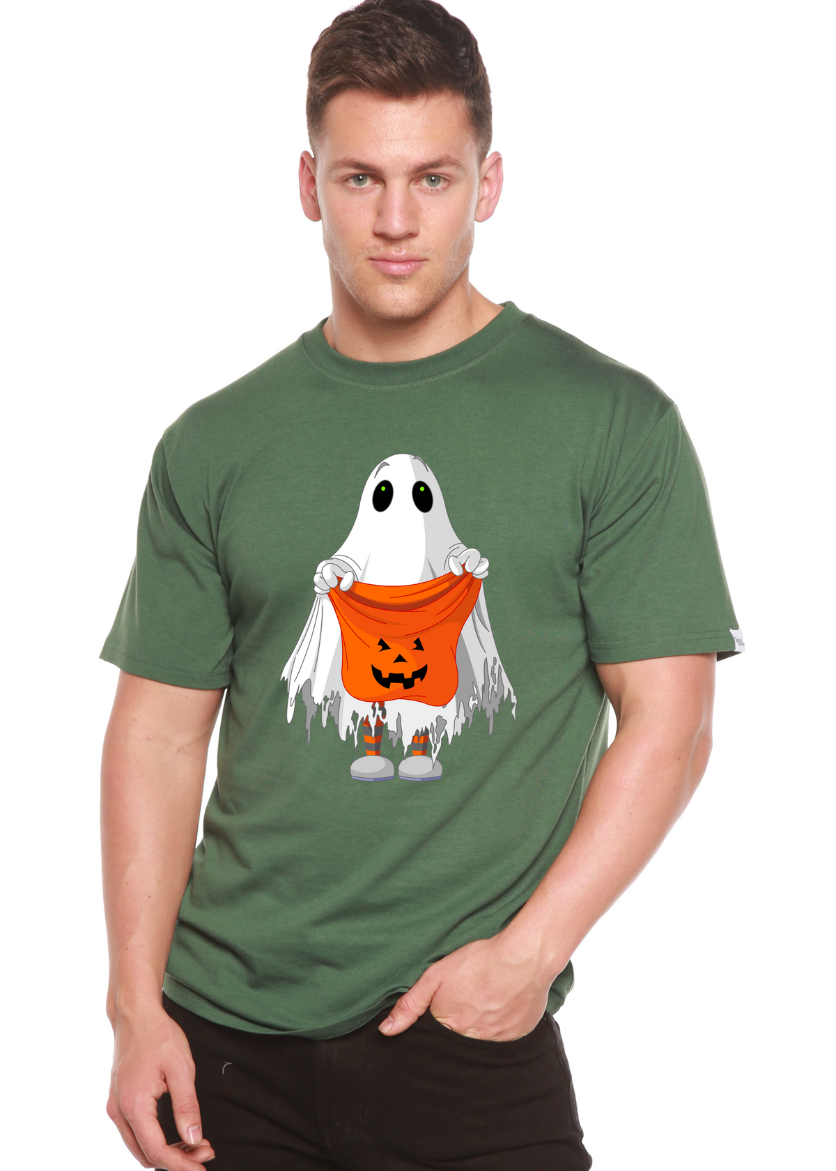 Spun Bamboo men's Boo Halloween graphic t-shirt with short sleeves, featuring a spooky design in bamboo viscose and organic cotton fabric.
