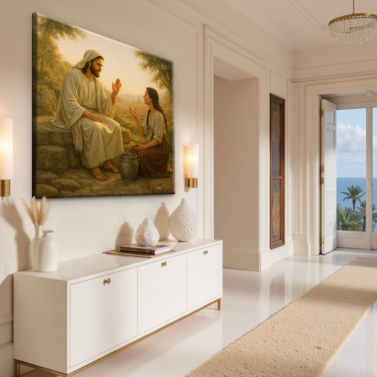 Canvas wall art featuring the Samaritan at the Well scene, by Tailored Canvases, with detailed biblical imagery.