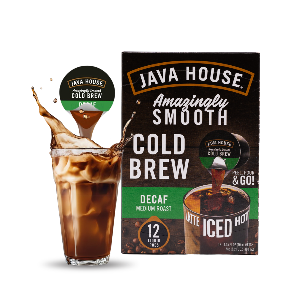 Decaf cold brew coffee pods by Java House, showing four sealed coffee pods ready for brewing.