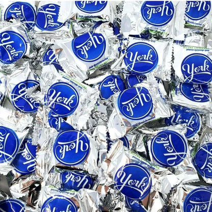 Dark chocolate York Peppermint Patties snack size candies in a bulk value bag from Candy In Bulk, showing individual peppermint-filled chocolates.