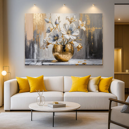 Gold abstract canvas wall art featuring a magnolia bloom design by Tailored Canvases, modern floral wall decor for living rooms.