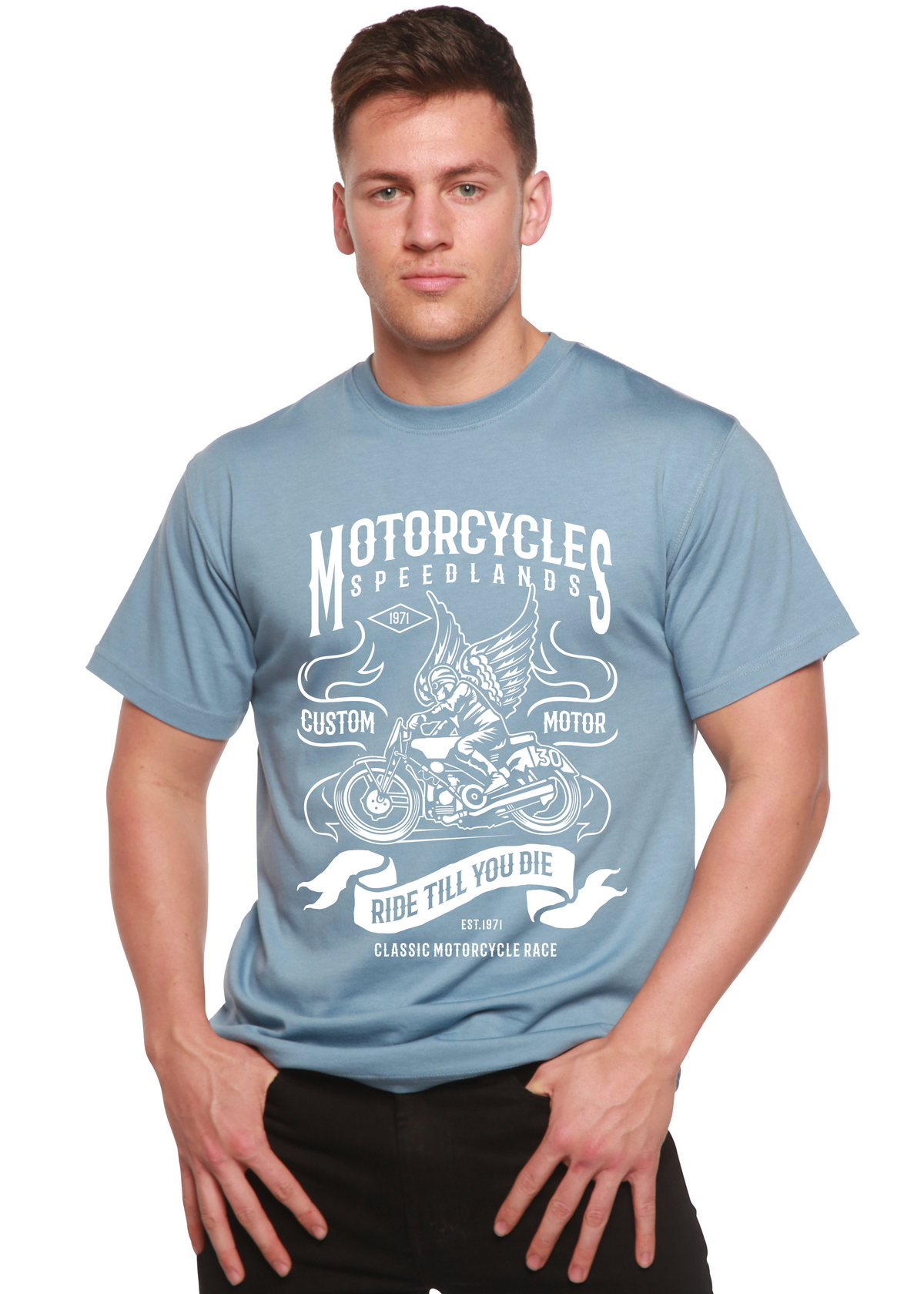 Men's Spun Bamboo motorcycle graphic T-shirt with short sleeves, made from bamboo viscose and organic cotton, featuring a printed design.