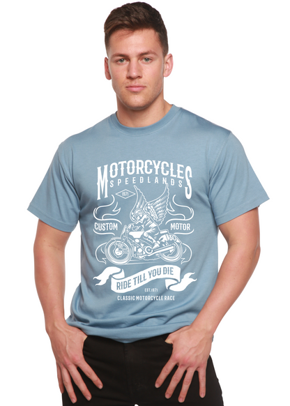 Men's Spun Bamboo motorcycle graphic T-shirt with short sleeves, made from bamboo viscose and organic cotton, featuring a printed design.
