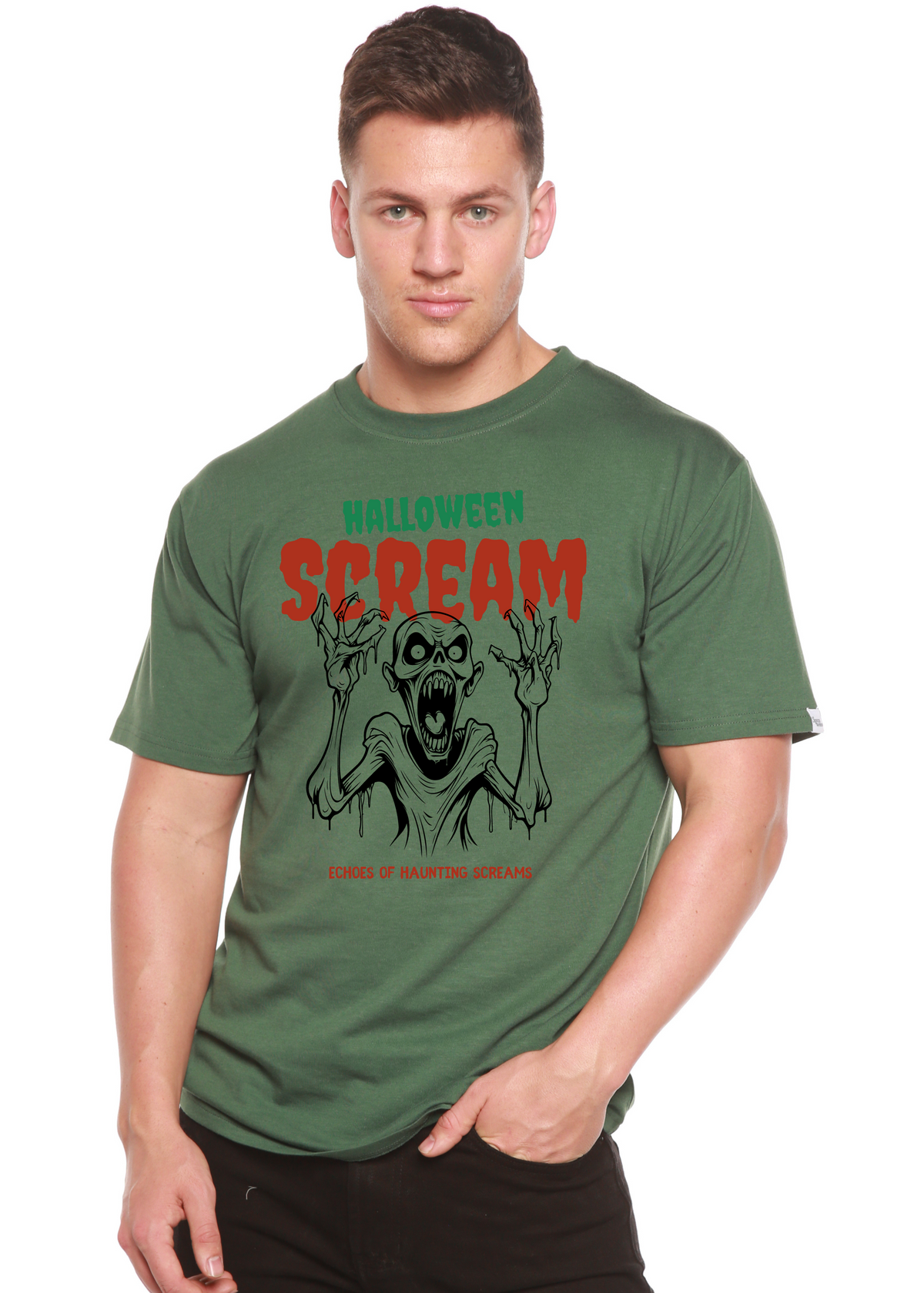 Spun Bamboo men's Halloween Scream graphic T-shirt with short sleeves, bamboo viscose and organic cotton fabric, featuring spooky print.