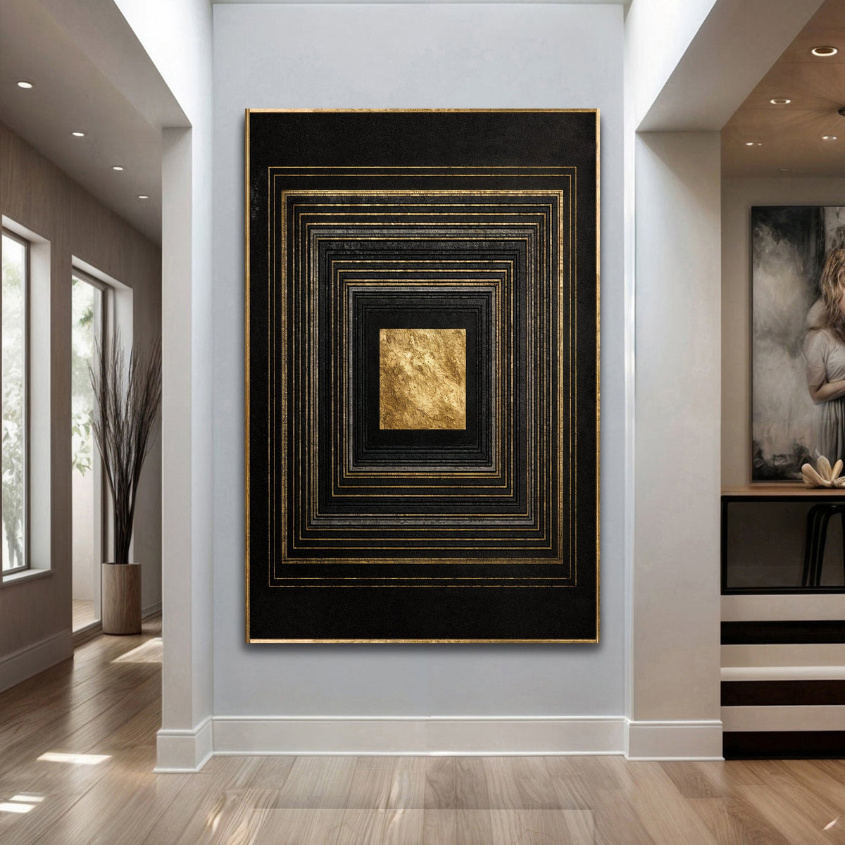 Black and gold canvas wall art by Tailored Canvases featuring abstract design for modern home decor.