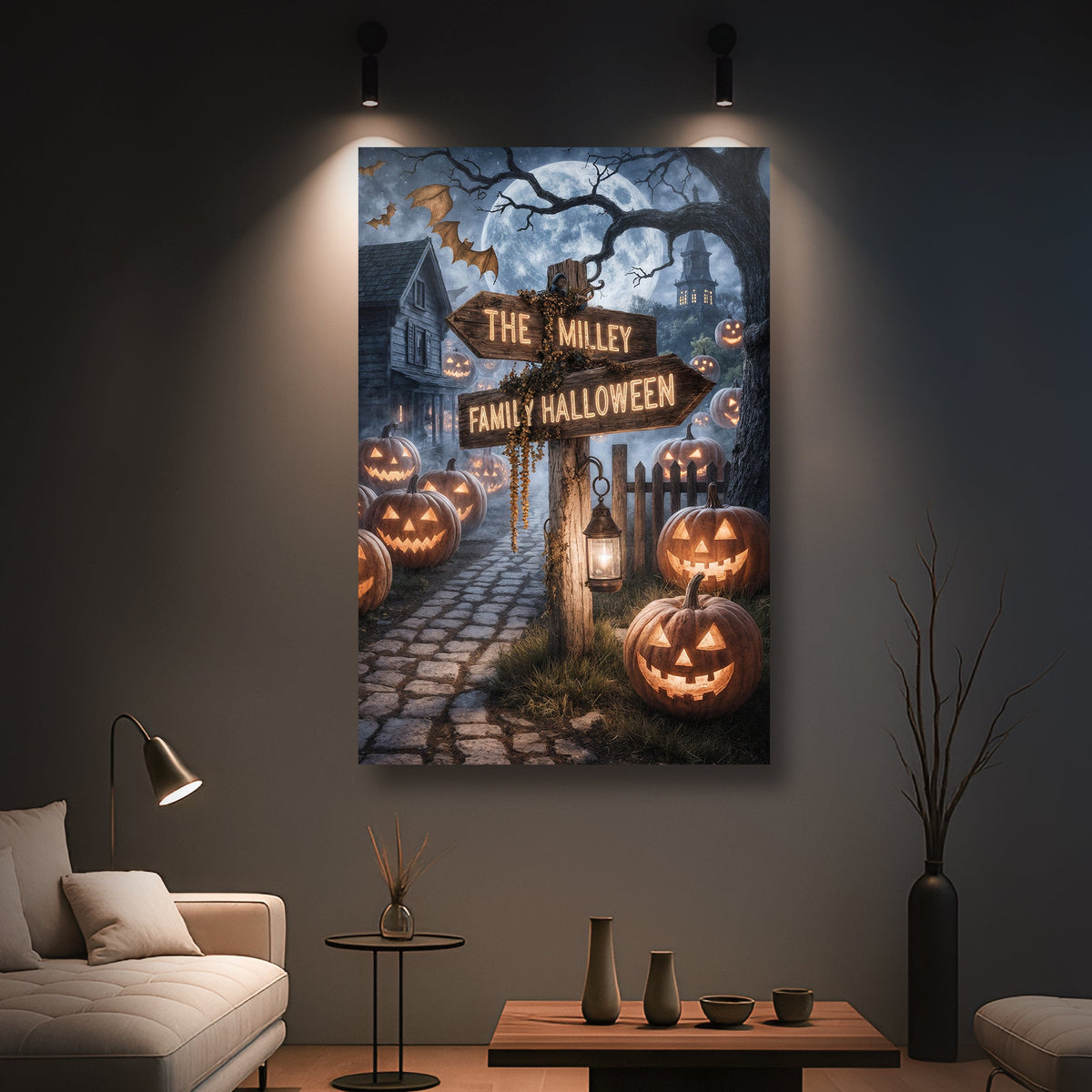 Personalized family name Halloween wall art canvas with spooky street sign design for seasonal home decor.