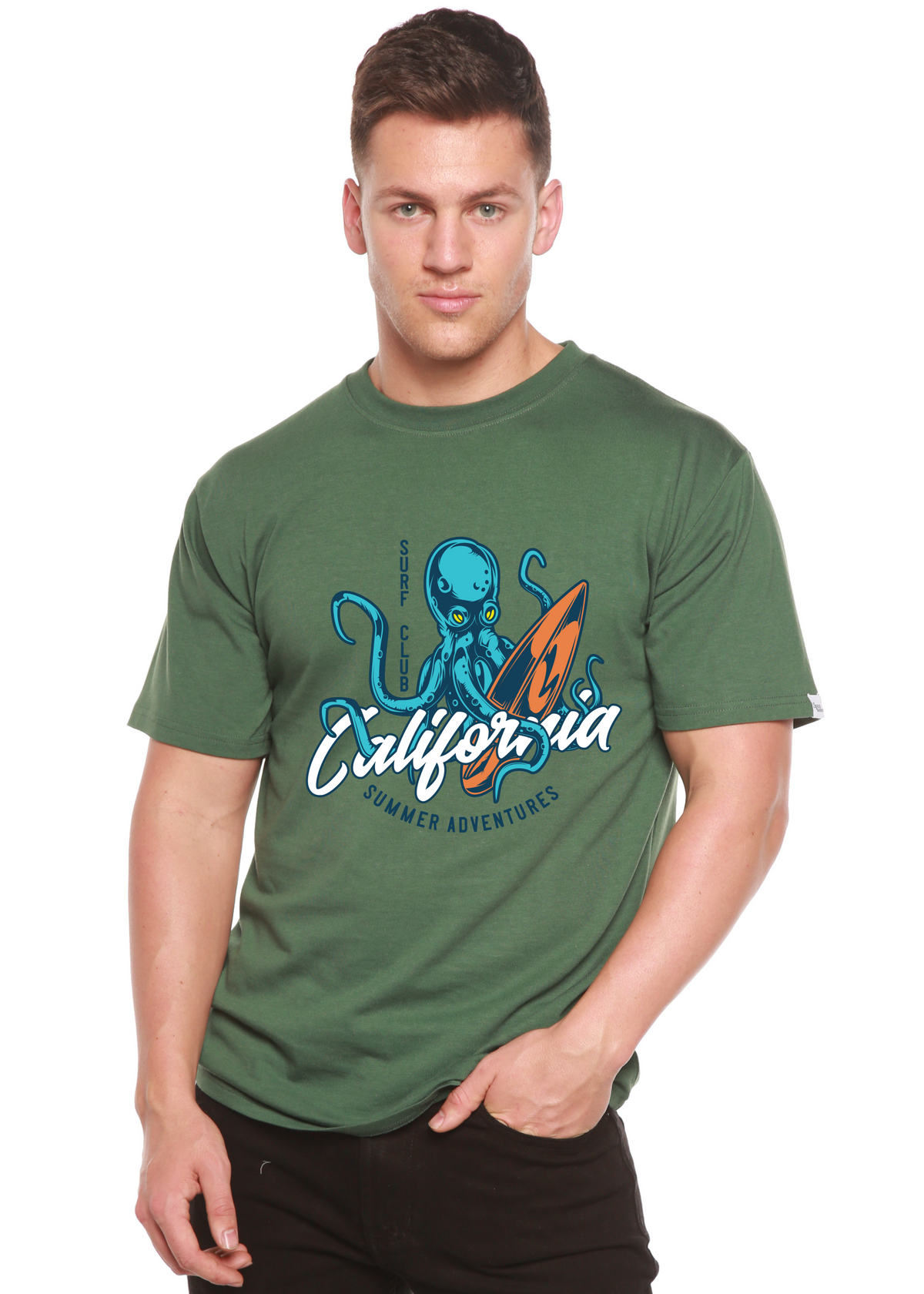 Spun Bamboo men's California Summer Adventures graphic T-shirt with colorful summer-themed print on bamboo viscose and organic cotton fabric.