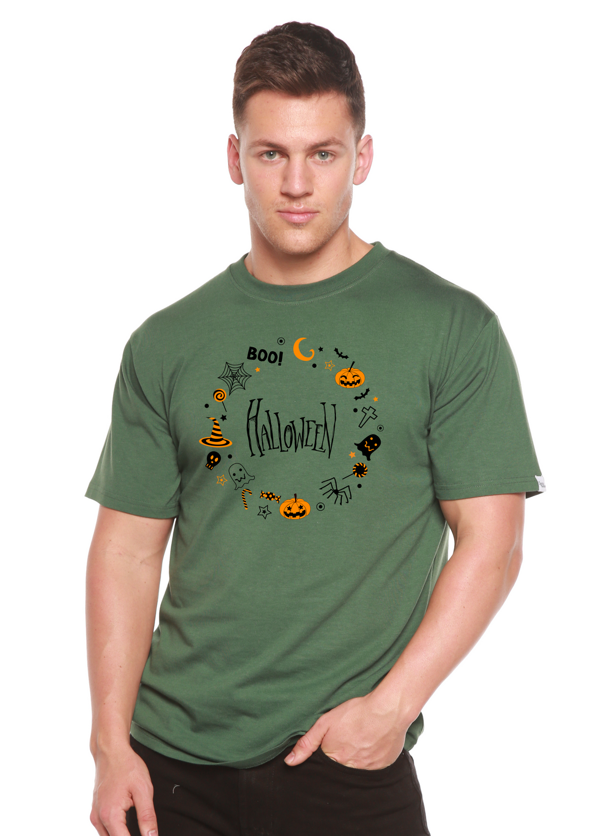 Spun Bamboo men's Halloween graphic T-shirt made from bamboo viscose and organic cotton with short sleeves and printed design.