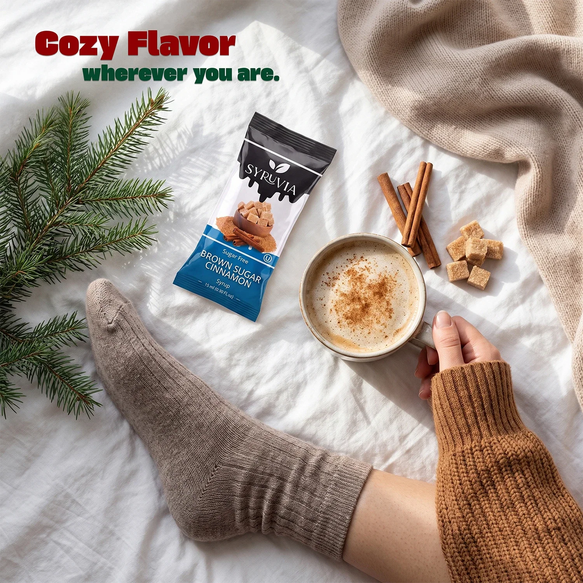 Syruvia sugar-free syrup pouch featuring brown sugar cinnamon, pumpkin spice, and cookie butter flavors in a flexible pouch.