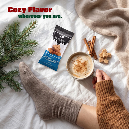 Syruvia sugar-free syrup pouch featuring brown sugar cinnamon, pumpkin spice, and cookie butter flavors in a flexible pouch.