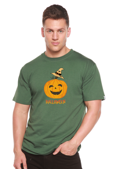 Men's Halloween pumpkin graphic T-shirt by Spun Bamboo, made from organic cotton and bamboo viscose, short sleeve unisex design.