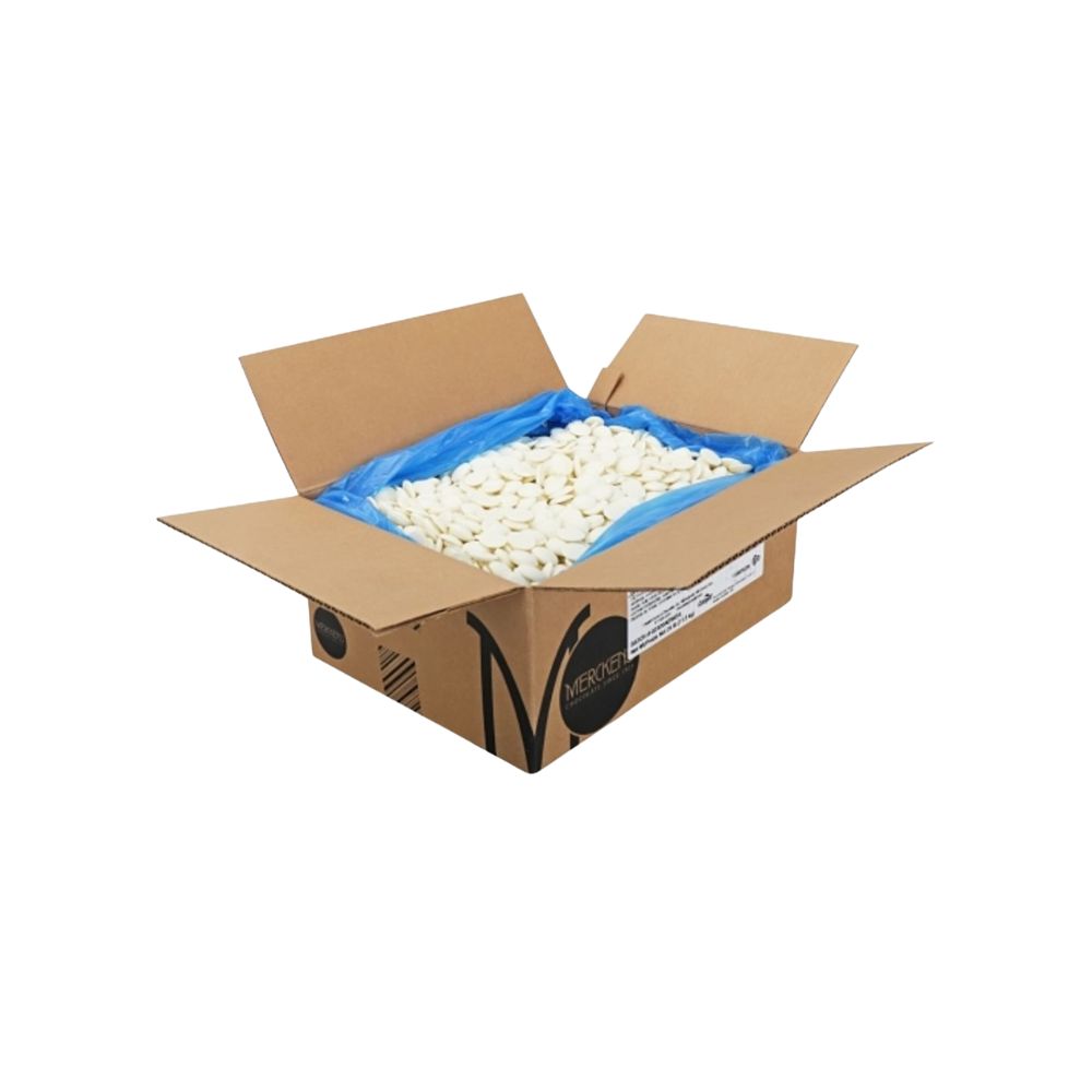 White vanilla-flavored chocolate candy coating and melting wafers from Candy In Bulk in a large bulk bag.
