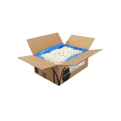 White vanilla-flavored chocolate candy coating and melting wafers from Candy In Bulk in a large bulk bag.