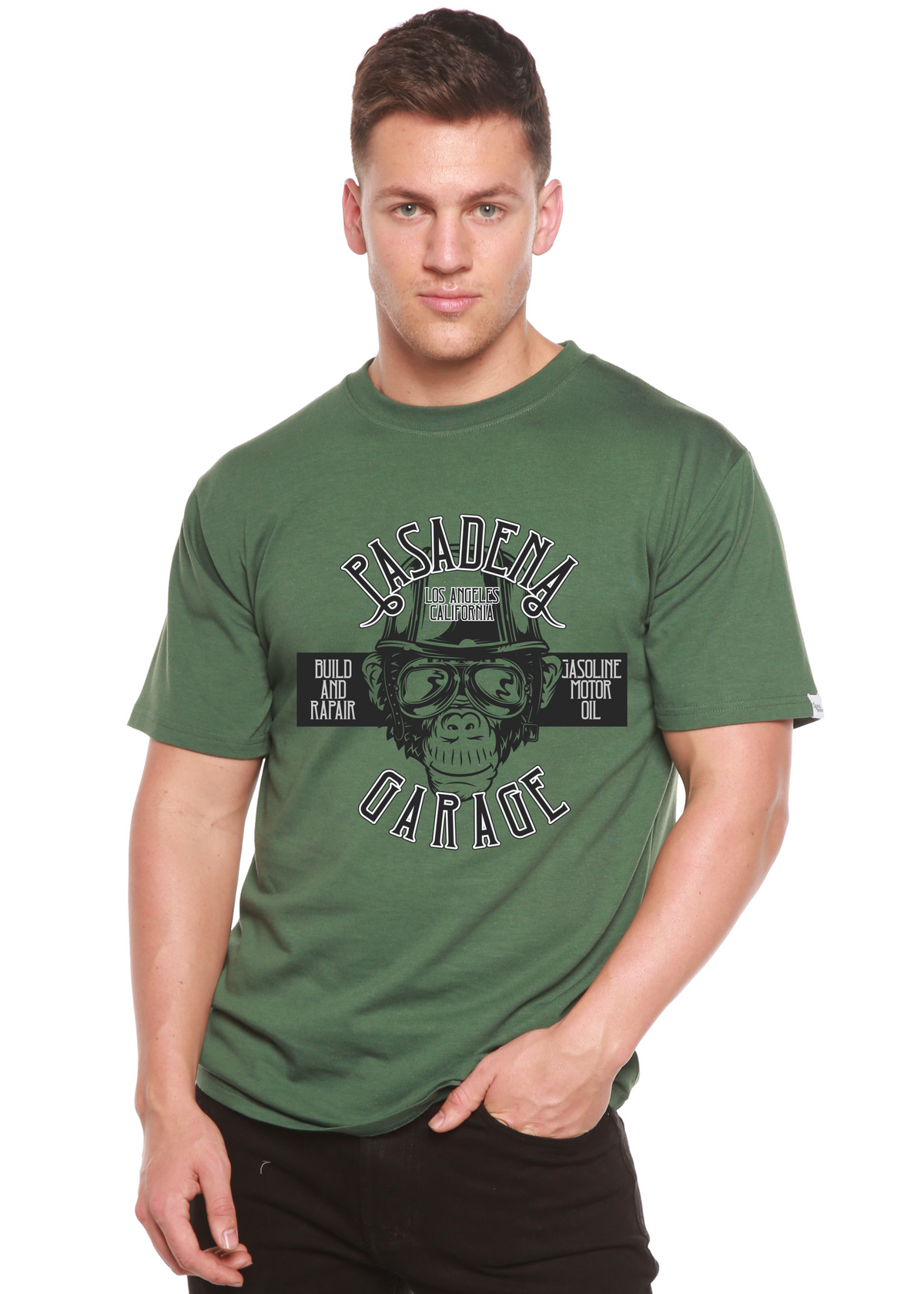 Men's printed T-shirt by Spun Bamboo featuring a graphic design, made from bamboo viscose and organic cotton, short sleeve.
