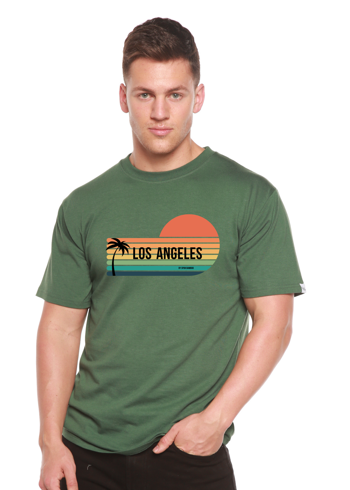 Unisex Los Angeles Spun Bamboo graphic T-shirt with short sleeves, featuring printed design in bamboo viscose and organic cotton fabric.