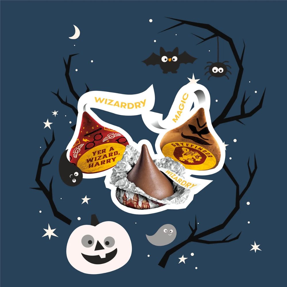 Hershey's Kisses Milk Chocolate candies in Harry Potter-themed foil wrappers from Candy In Bulk, shown in a bulk value bag.