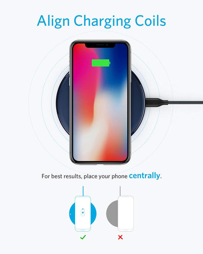 Anker 313 wireless charging pad for fast charging smartphones, slim black design, and compatible with Qi-enabled devices.